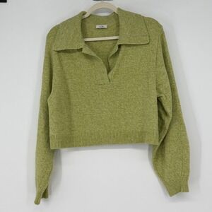 Mais Green Cropped Collared Sweater Wool Blend Preppy Soft Knit Top